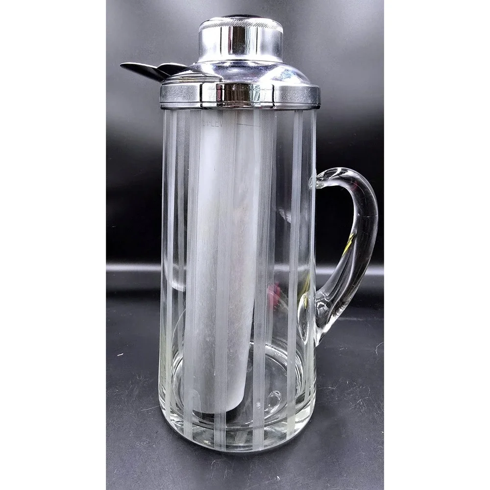 Chill-It‎ Aluminum Ice Tube Glass Pitcher Vtg Gilley Etched Manhatten Stripes